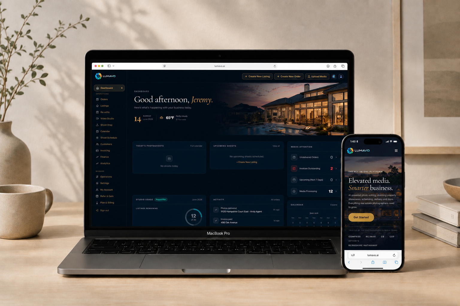 The Lumavo studio dashboard on a MacBook Pro and iPhone